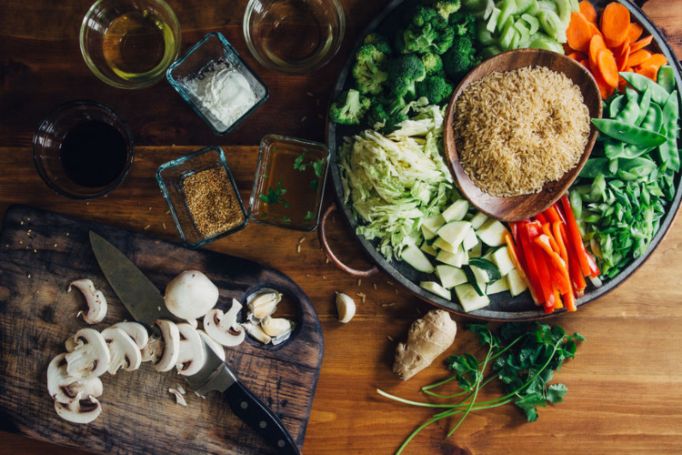 Healthy foods and a chopping board